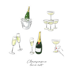 Line art drawings of champagne, hand raising glass and champagne bucket. Doodle style illustration, graphic decorative elements