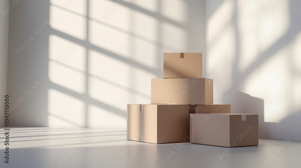 Poster stack of cardboard boxes in a minimalist setting with soft shadows clean lines and bright natural li