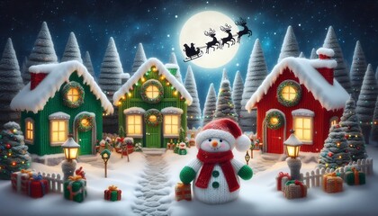 Fototapeta premium christmas knitted doll:Whimsical Christmas Scenes Featuring Festive Characters, a snow-covered village, Christmas Eve night, Santa Claus, reindeer and sledding,