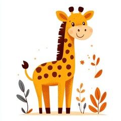 Fototapeta premium Cute cartoon giraffe with brown spots, smiling, surrounded by colorful leaves.