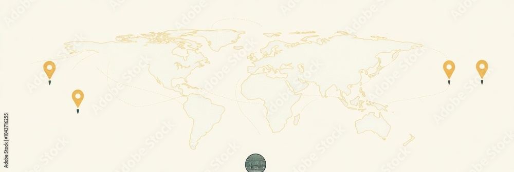 Leinwandbilder This world map outline features map pins marking key travel destinations around the globe for explorers and vacationers. Generative AI