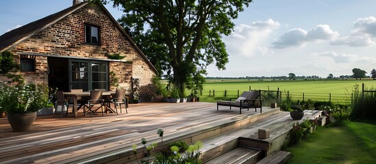 Fototapeta premium A rustic countryside barn converted into a modern home with a large wooden deck and lush green fields surrounding it
