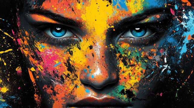 Colorful portrait of a face with splashes of paint