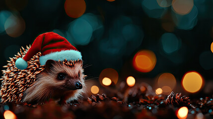 Christmas Background, Hedgehog with a festive Santa hat, surrounded by glowing holiday lights.