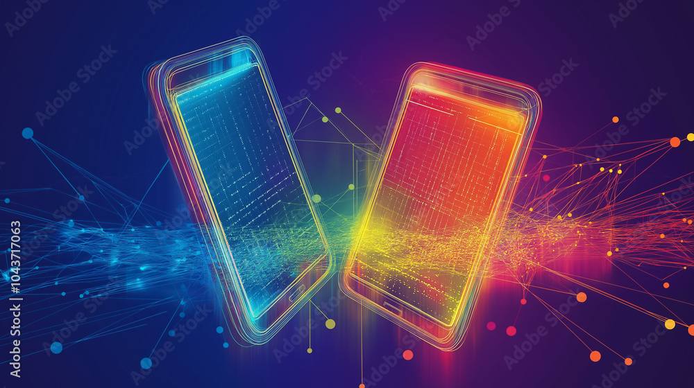 Poster vibrant abstraction illustrates the exchange of data between digital devices, highlighting connectiv