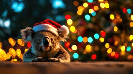 Christmas Background, Koala wears a Santa hat, festive atmosphere with colorful lights in background.