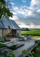 Obraz premium A rustic countryside barn converted into a modern home with a large wooden deck and lush green fields surrounding it