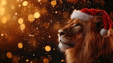 Christmas Background, Lion wearing Christmas hat with festive bokeh background.