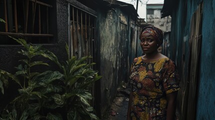 Obraz premium African woman in traditional dress standing in narrow alley