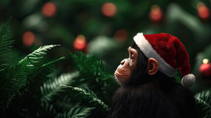 Christmas Background, Monkey in Santa hat surrounded by festive greenery, Christmas spirit, cheerful mood