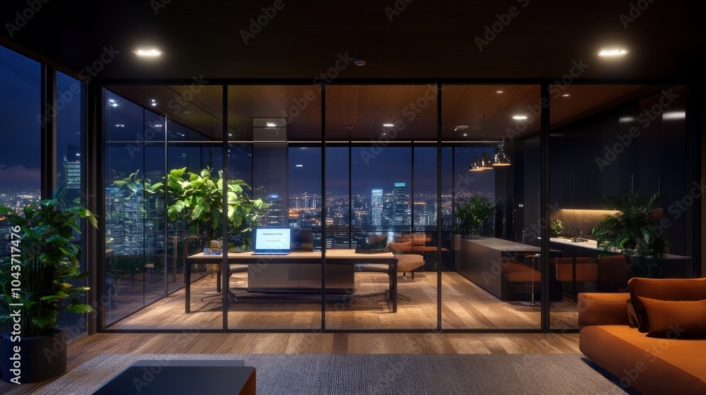 Wall mural Modern office interior with glass walls and city view at night.