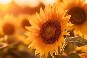 Fototapeta premium Sunflower in the sun, with vibrant yellow petals against a warm golden sunset background, symbolizing hope and positivity sunflower background made by Midjourney Radiant Sunflowers in Morning Glow