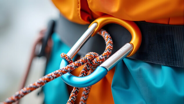 Close-up of worker's harness with carabiner and rope for safety, outdoor adventure equipment, metallic textures