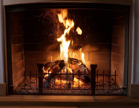 Im Wohnzimmer brennt ein Feuer im offenen Kamin, ein kleines Gitter befindet sich zum Schutz davor, die Flammen schlagen hoch