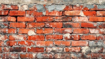 Naklejka premium Weathered red brick wall background featuring a panoramic view showcasing cracks and stains ideal for vintage design and decoration purposes