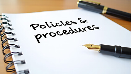 Policies and procedures memo with fountain pen on notebook  Wooden desk surface