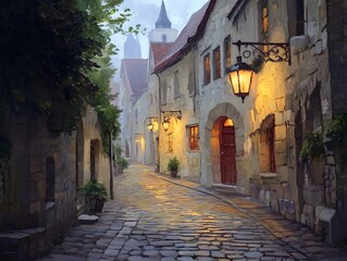 Fototapeta premium Enchanting Cobblestone Street in a Fairy-tale Medieval Town at Twilight