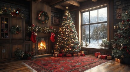 Fototapeta premium a beautifully decorated christmas tree adorned with sparkling lights and snow exuding warmth and holiday cheer set in a cozy room that invites festive gatherings and joyful moments