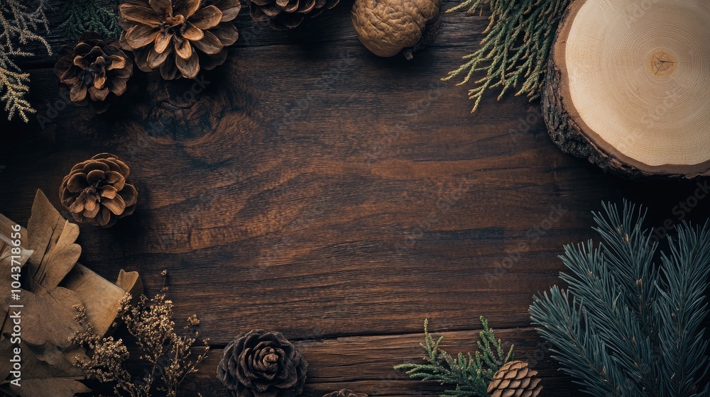 Poster a delightful flat lay showcasing rustic wood elements with plenty of negative space offering a warm 