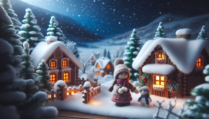 christmas knitted doll:Whimsical Christmas Scenes Featuring Festive Characters, a snow-covered village, Christmas Eve night, Santa Claus, reindeer and sledding,