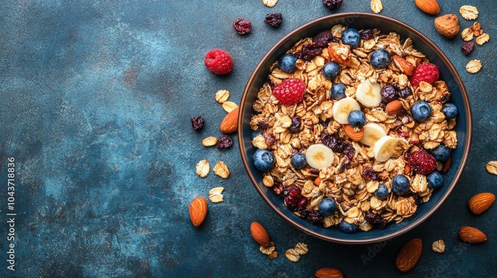 Poster delicious muesli served in a plate on a table aerial view with ample space available for your text