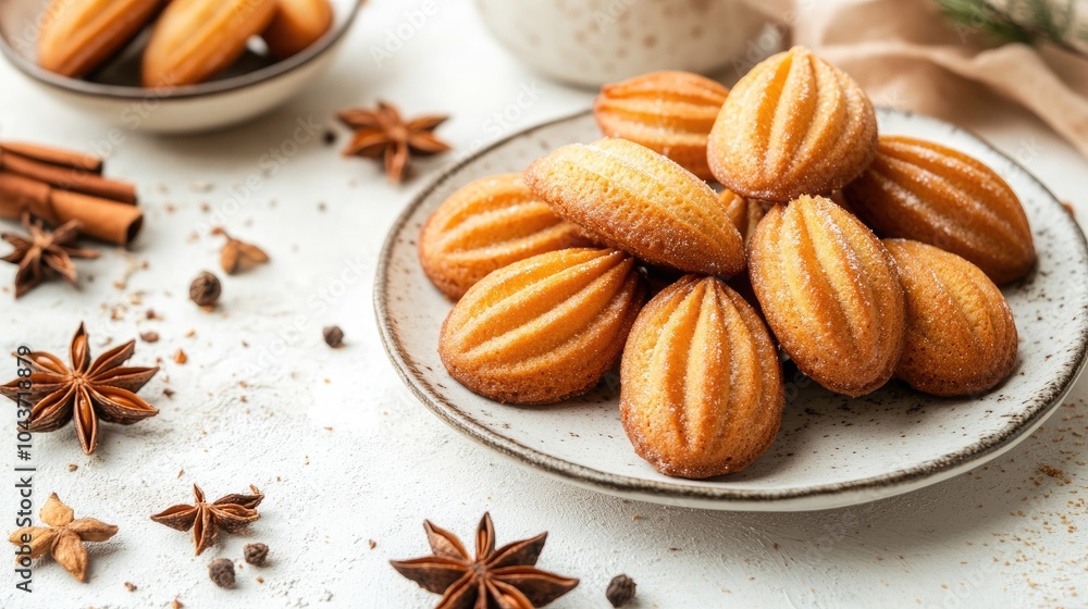 Poster homemade anise flavored madeleines on a rustic white background ideal for holiday themed food displa
