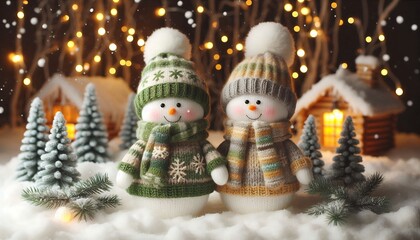 Obraz premium christmas knitted doll:Whimsical Christmas Scenes Featuring Festive Characters, a snow-covered village, Christmas Eve night, Santa Claus, reindeer and sledding,