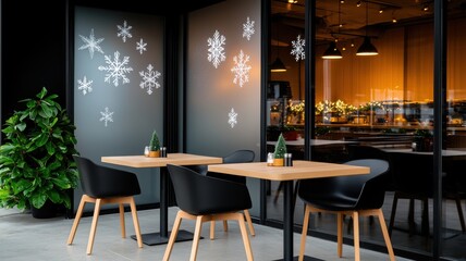 Obraz premium Modern cafe interior with snowflake decorations and stylish wooden furniture.