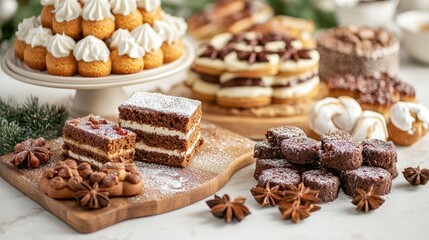 Fototapeta premium Assorted festive cakes and cookies featuring star anise and cinnamon showcasing traditional holiday baking and homemade gingerbread delights