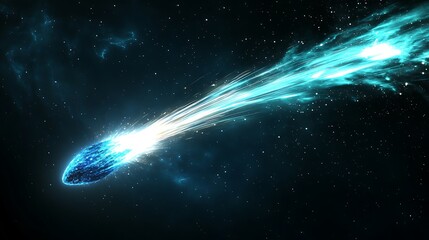 A bright blue comet streaks across the dark expanse of space, leaving a glowing tail of light and dust.