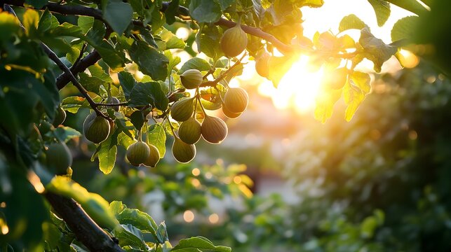 A fig tree in a lush garden during the golden hour, with ripe figs hanging from branches
