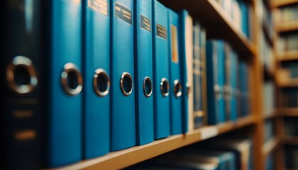Close-up of blue paper stationery or file folder with built-in rings for documents and papers on a shelf in a library, 