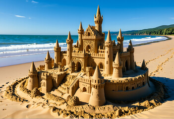 A sandcastle built on the beach on a sunny day