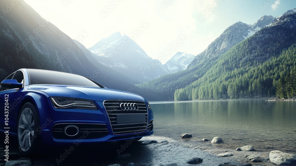 Poster A blue car parked near a serene lake surrounded by mountains and lush greenery.