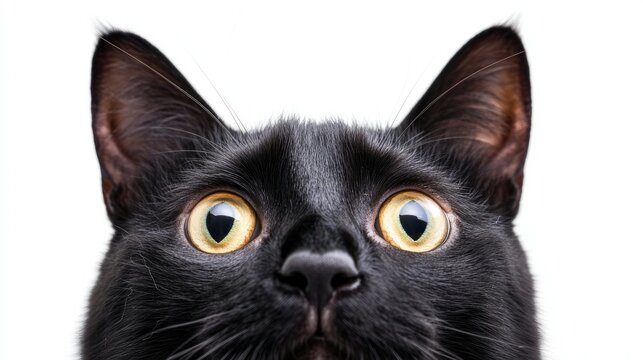 Close up of a startled black cat with wide open eyes against a white background conveying surprise and shock Space available for text related to pricing or shopping events