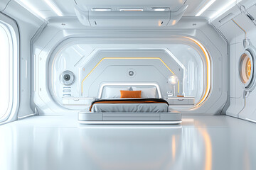 Fototapeta premium Exploring the future a stunning futuristic bedroom design with integrated storage systems for modern living