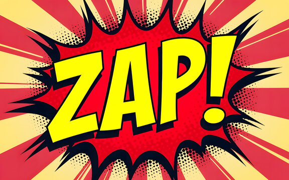 Bright and colorful comic book style zap word explosion, yellow letters, red starburst background, dynamic radial lines,