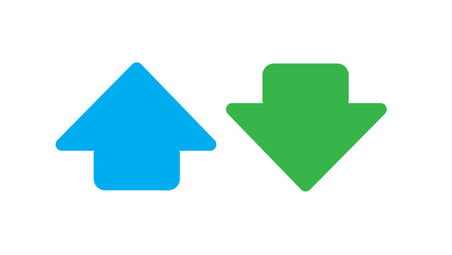 Blue upward arrow and green downward arrow representing growth and decline are isolated on a white background for business use.