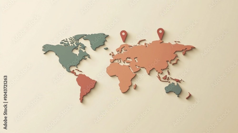 Leinwandbilder a world map outline features colorful map pins marking significant travel destinations across variou