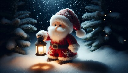 Obraz premium christmas knitted doll:Whimsical Christmas Scenes Featuring Festive Characters, a snow-covered village, Christmas Eve night, Santa Claus, reindeer and sledding,