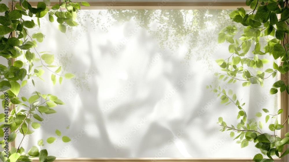 Aufkleber white curtain window with a wooden frame featuring abstract green garden elements illuminated by sun