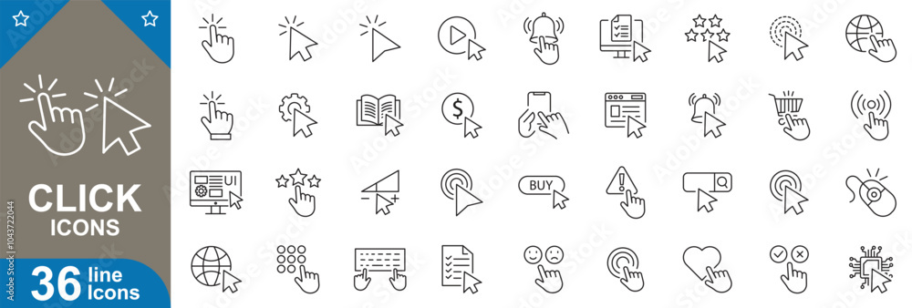 Poster click line icons set. tap, pointer, cursor, button, interactive, press, action, select and more. vec