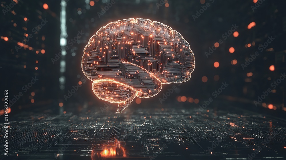 Poster big data and artificial intelligence concept. human brain glowing from processor, symbolizing the fu