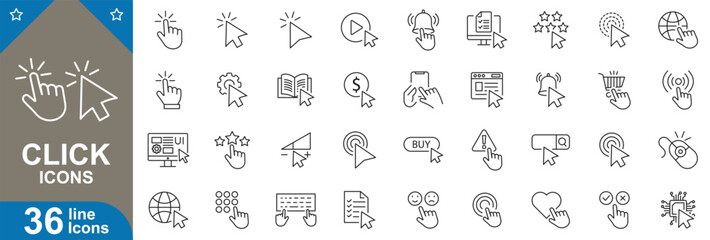Click line icons set. Tap, pointer, cursor, button, interactive, press, action, select and more. vector illustrator.