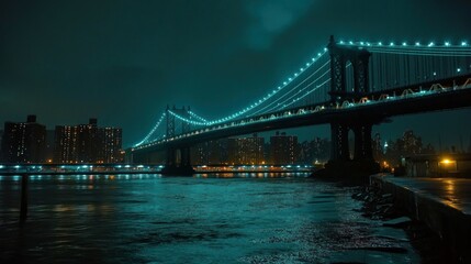 Fototapeta premium A nighttime view of a bridge illuminated by blue lights over a calm river with city buildings.