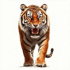 Obraz premium Fierce tiger walking, showcasing strength and majesty, white isolated background.