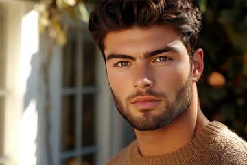 Close up portrait of a handsome young man with tousled hair and striking blue eyes in a natural light setting capturing a mix of raw beauty intensity and youthful energy