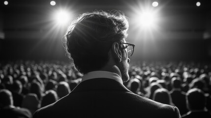 A man in a suit facing an audience with spotlight illumination.