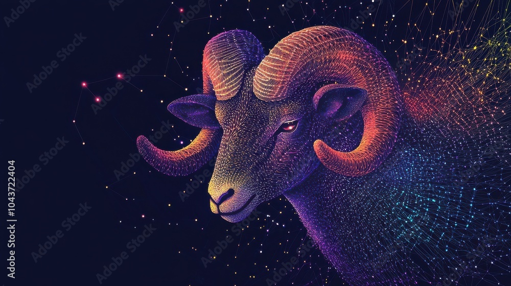 Wall mural abstract image of a ram in the form of a starry sky or space, consisting of points, lines, and shape