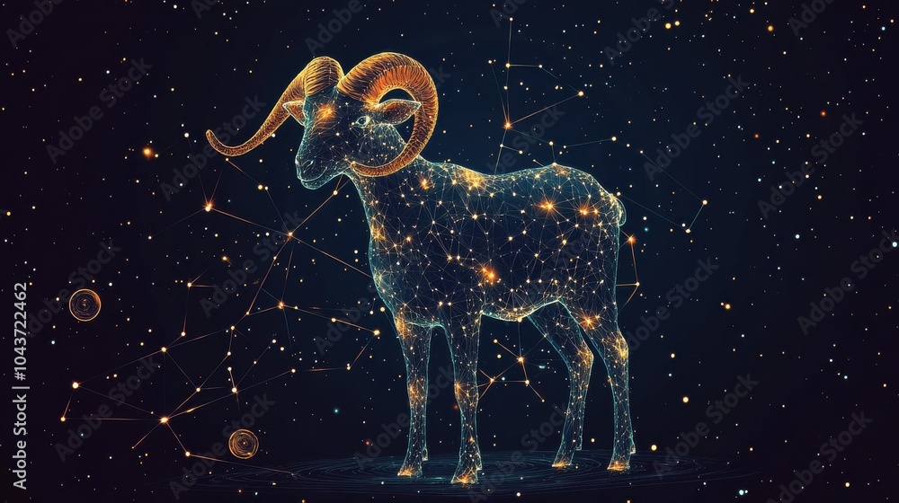Wall mural abstract image of a ram in the form of a starry sky or space, consisting of points, lines, and shape
